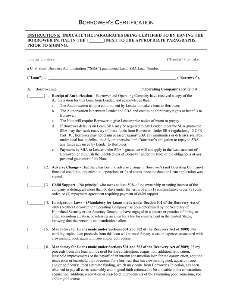 Borrower Certification  Form