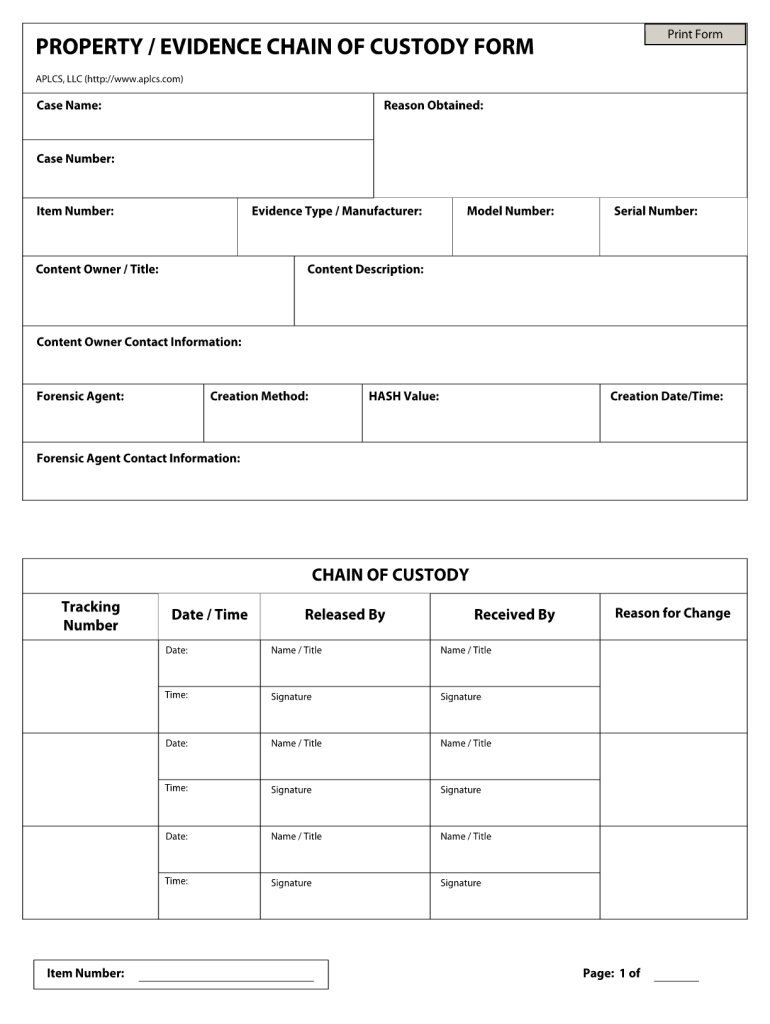 Printable Chain Of Custody Form Template Printable Templates