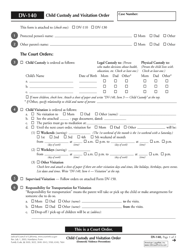  DV 140 Child Custody and Visitation Order Domestic Violence 2003