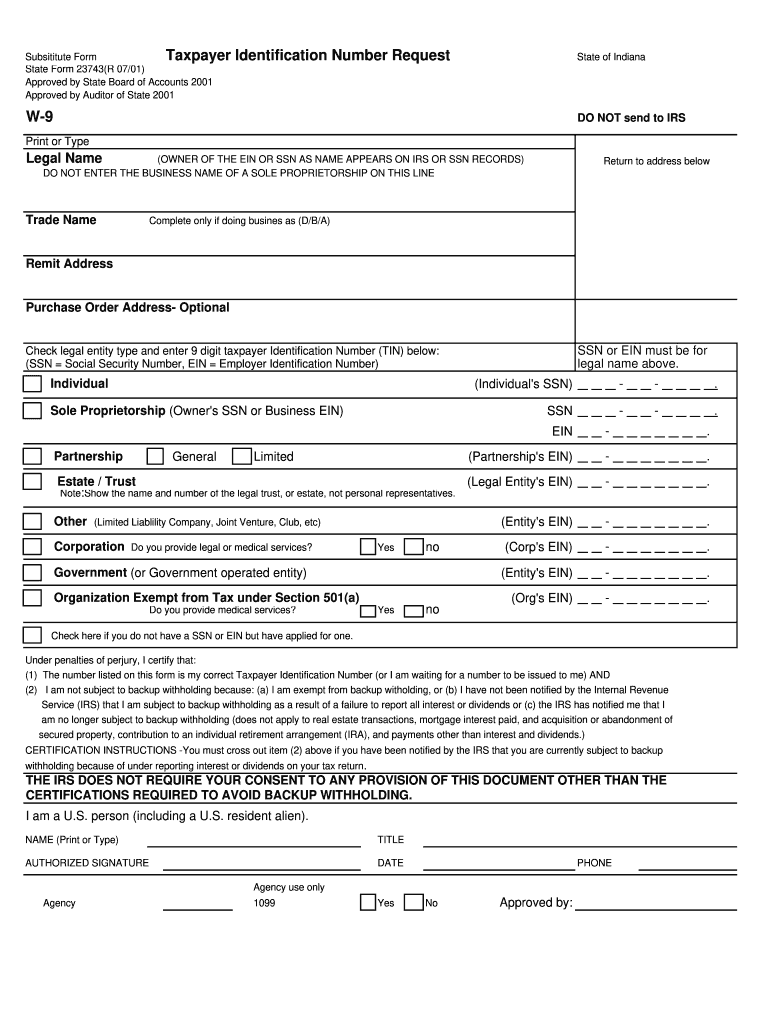 W 9 Indiana 20012024 Form Fill Out and Sign Printable PDF Template