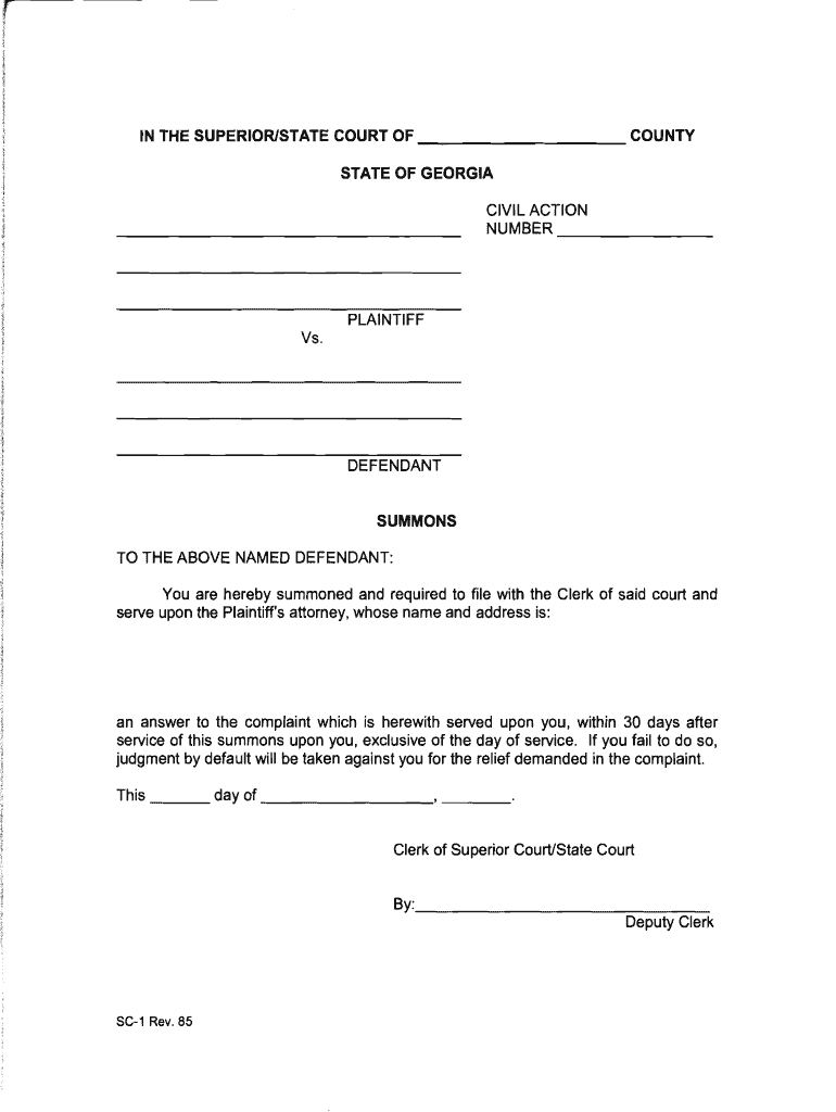  Georgia Summons Form 1985-2024