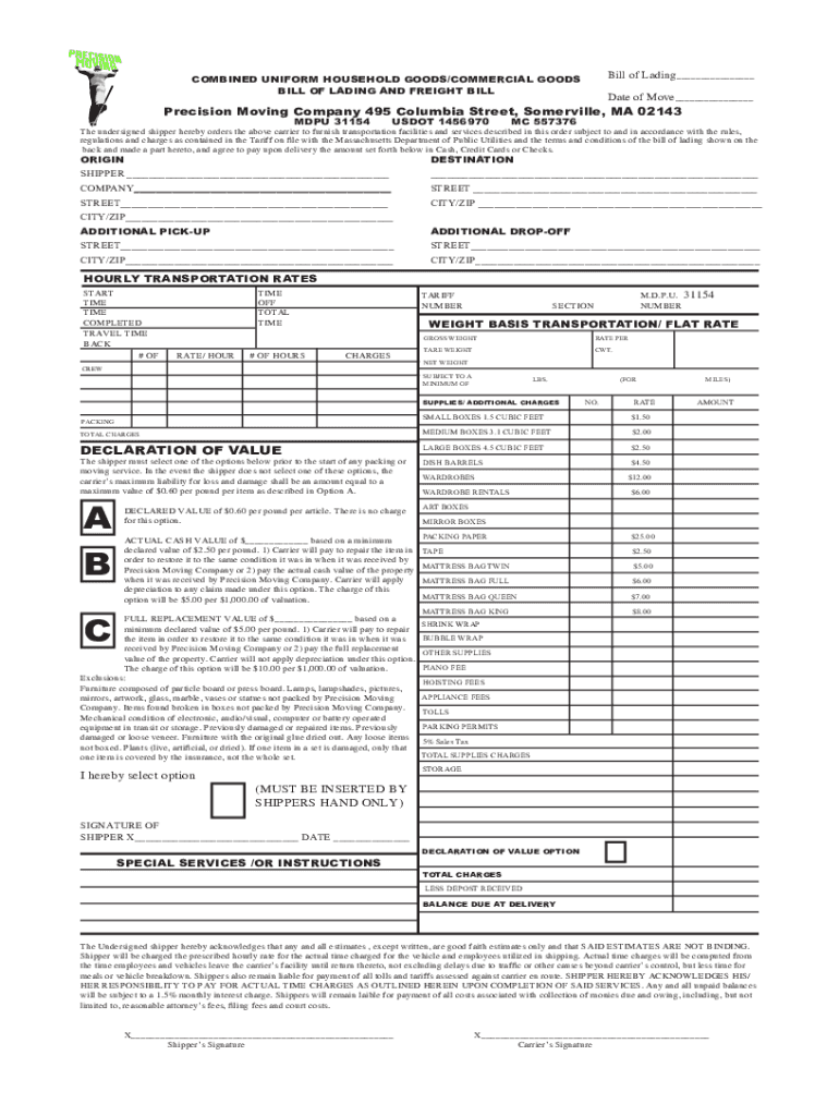 Moving Company Bill of Lading Template  Form