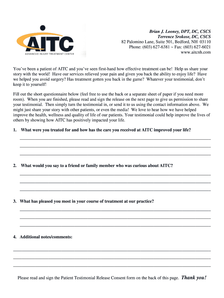 Patient Testimonial Release Form