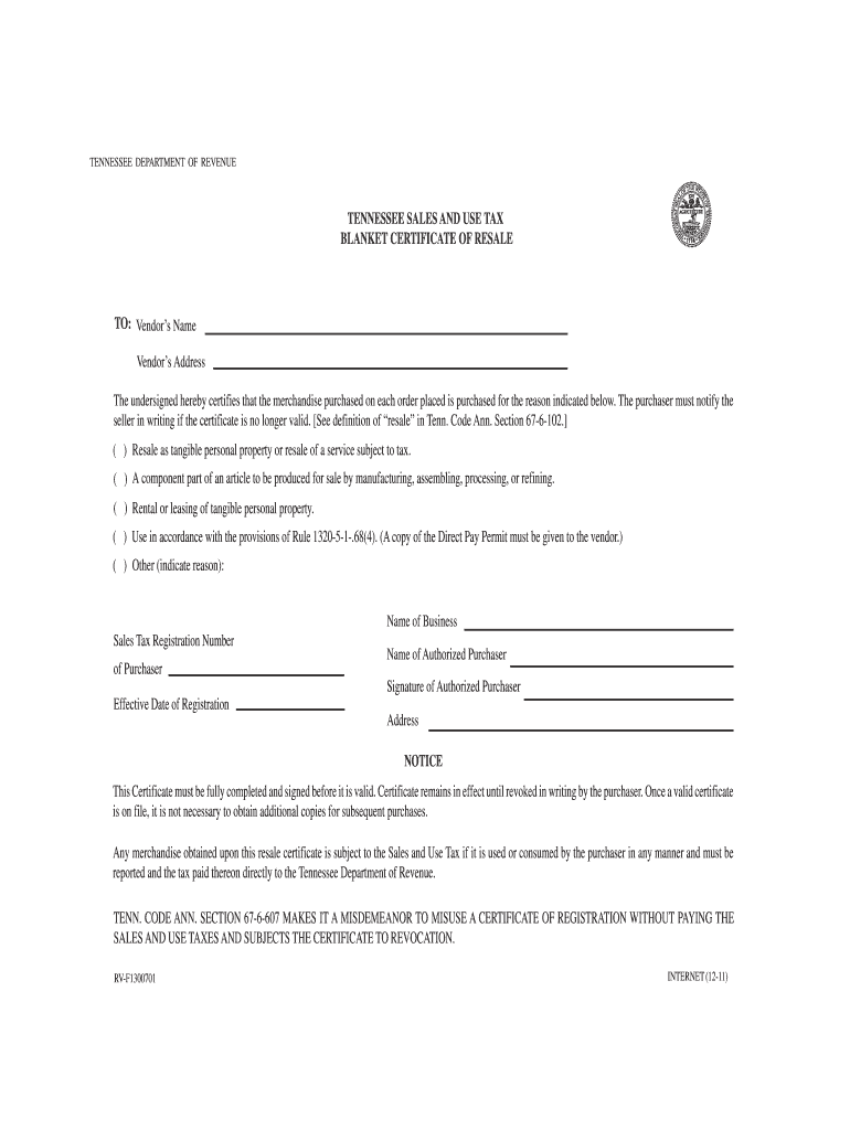  Tennessee Department of Revenue Blanket Certificate of Resale Form 2011