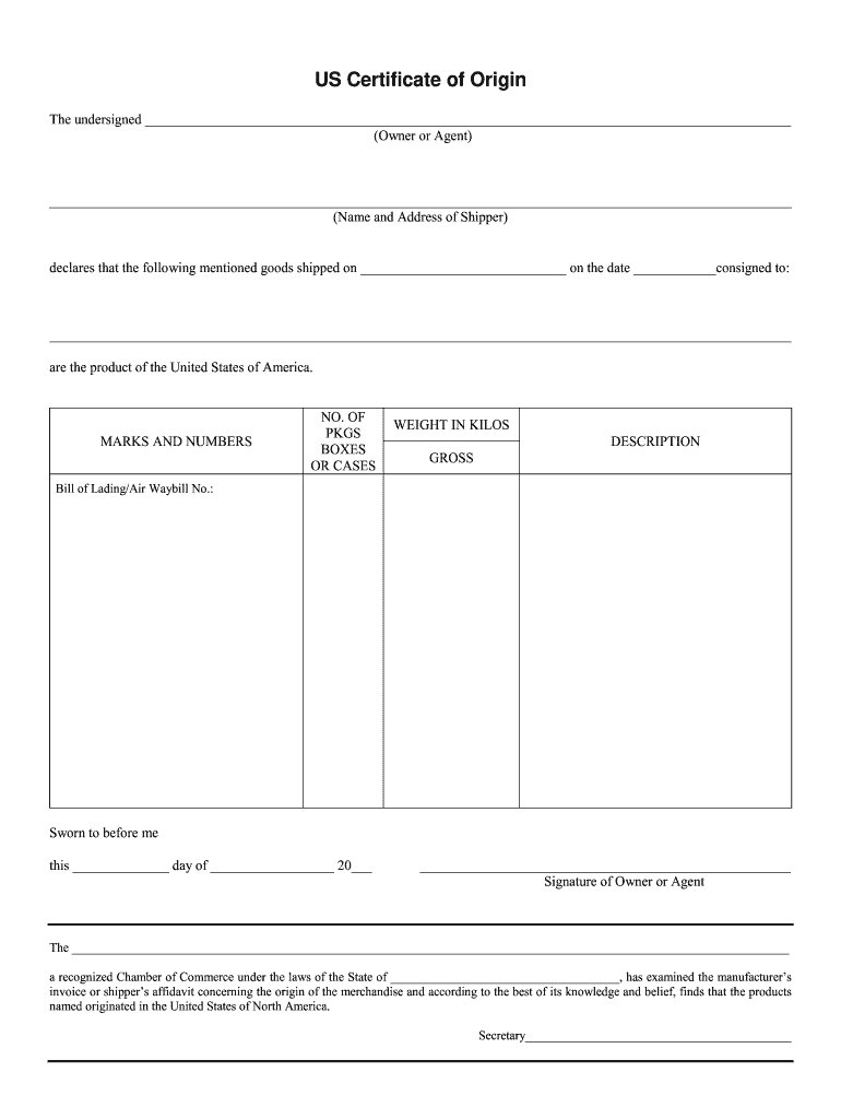 Certificate of Origin Us  Form