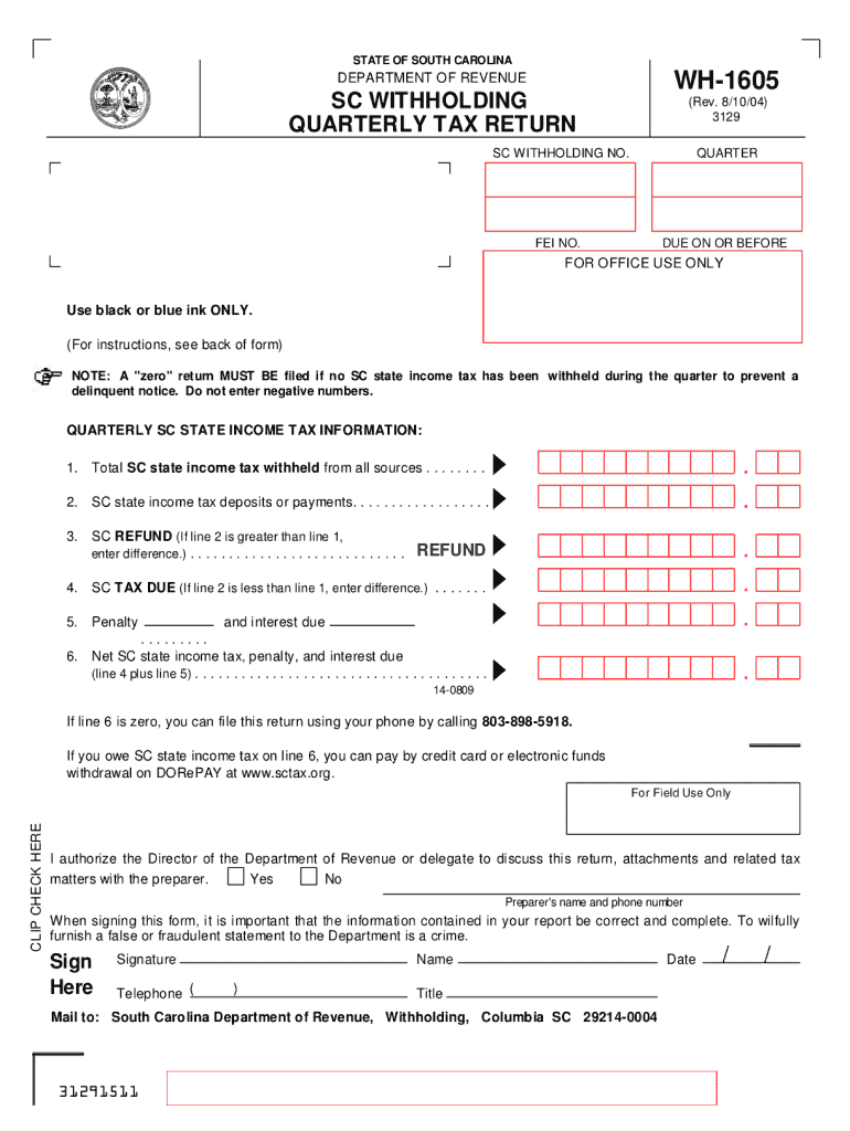  Scwithholding Quartly Tax Return Wh 1605 Form 2019