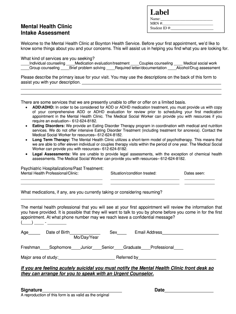  Mental Health Intake Assessment Form PDF 2013-2024