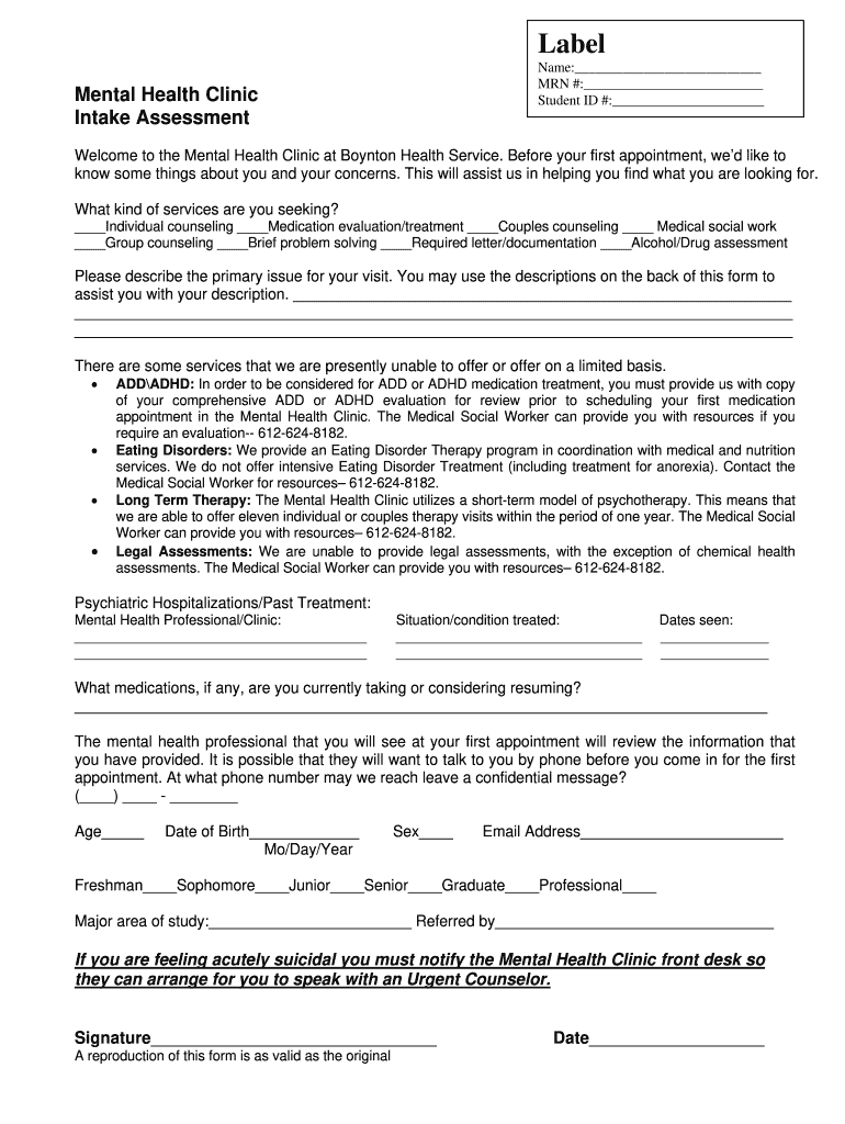 Printable Mental Health Intake Form Template