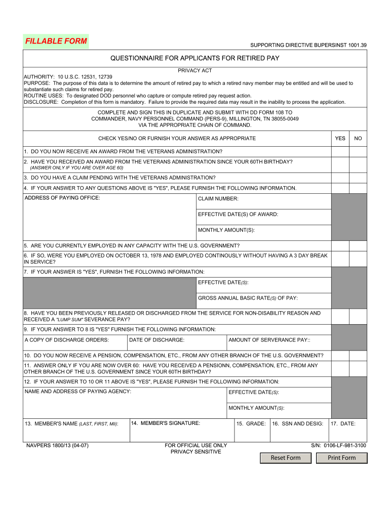 Navpers 1800 13  Form