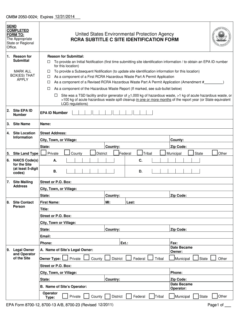  Rcra Subtitle C Omb # 2050 0024 Fillable Form 2015