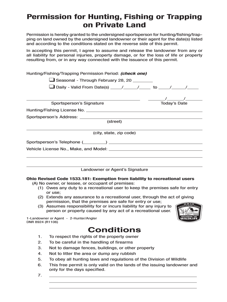 Ohio Hunting Permission Slip Fill Out and Sign Printable PDF Template