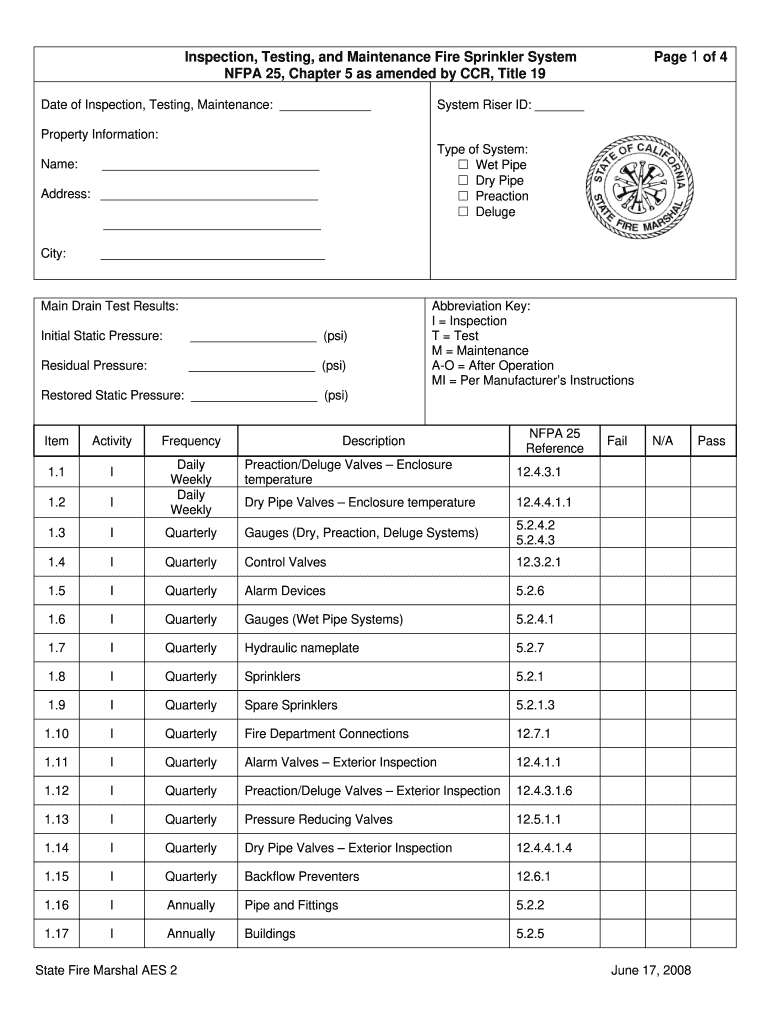  Inspection Testing Form Fire Sprinklers 2008-2024