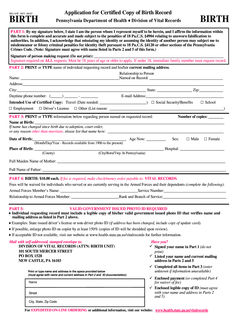  Birth Certificate Pa Form 2021-2024