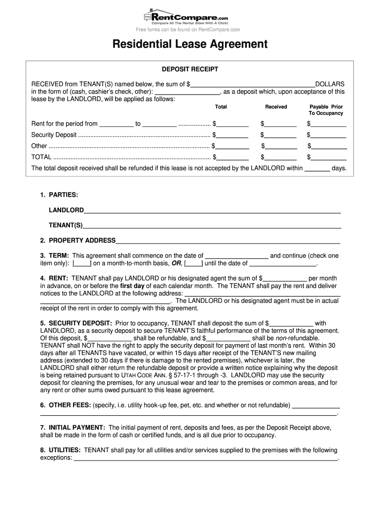Residential Lease Rental Agreement and Deposit Receipt  Form