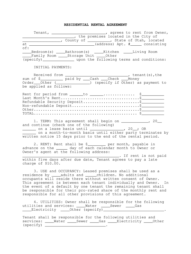 Utah Rental Agreement  Form