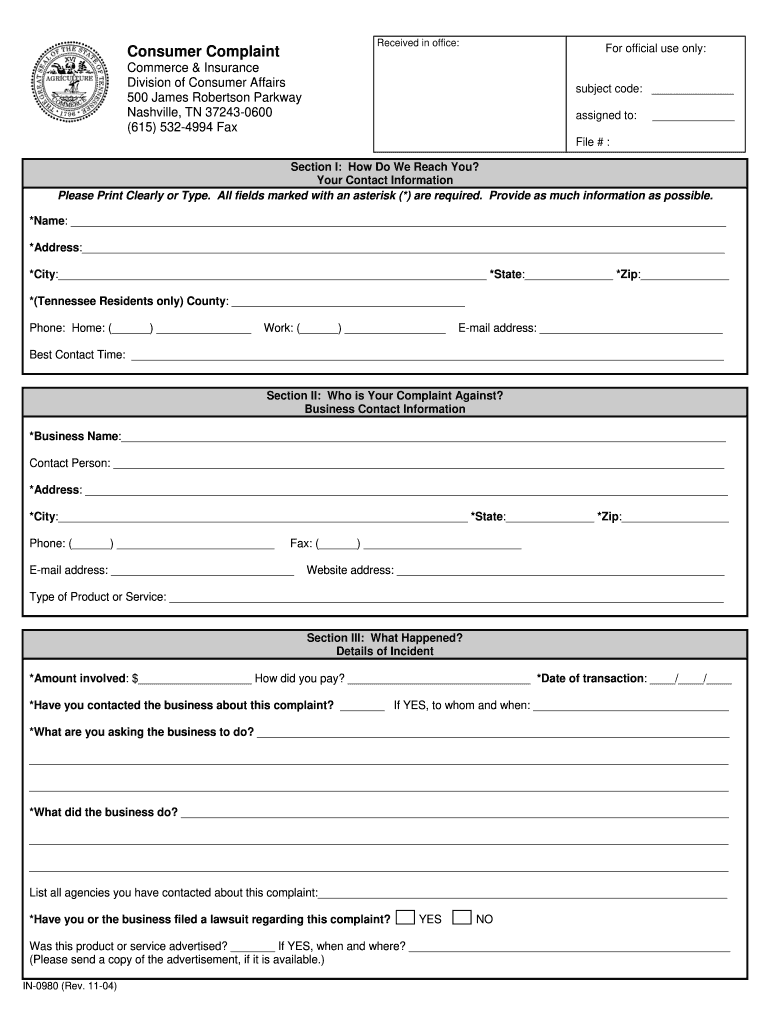 Tn Consumer Complaint Form in 0980 2004-2024