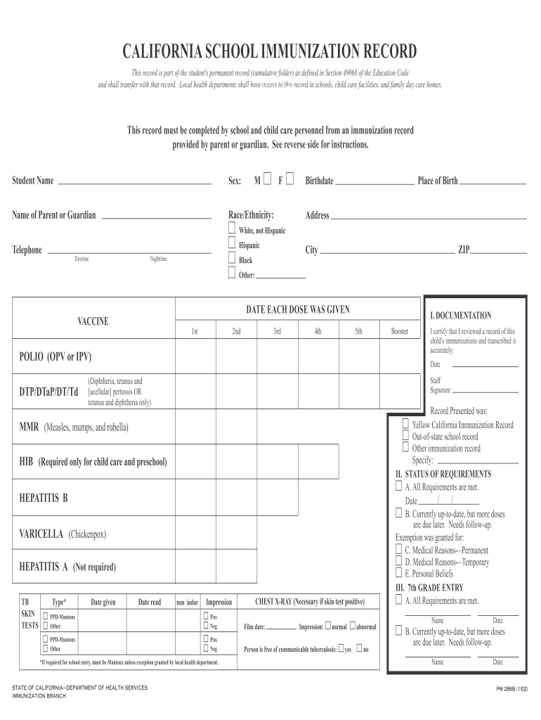 Get and Sign Immunizations Records California Form 2002-2022