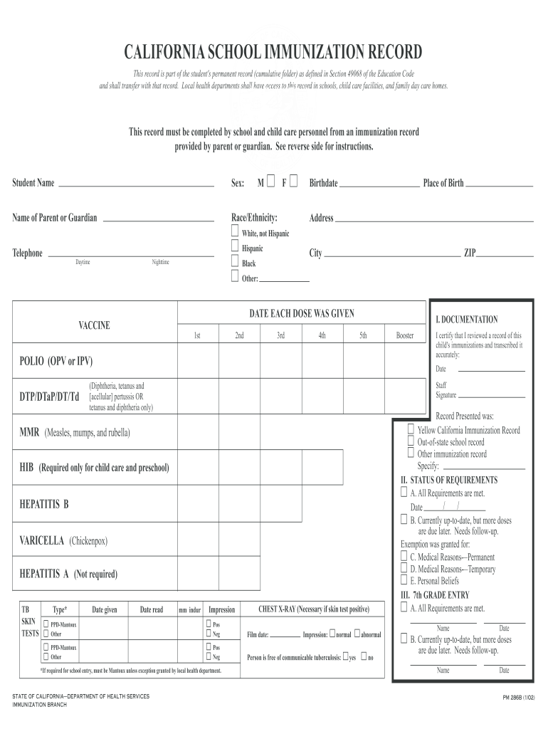  Immunizations Records California Form 2002