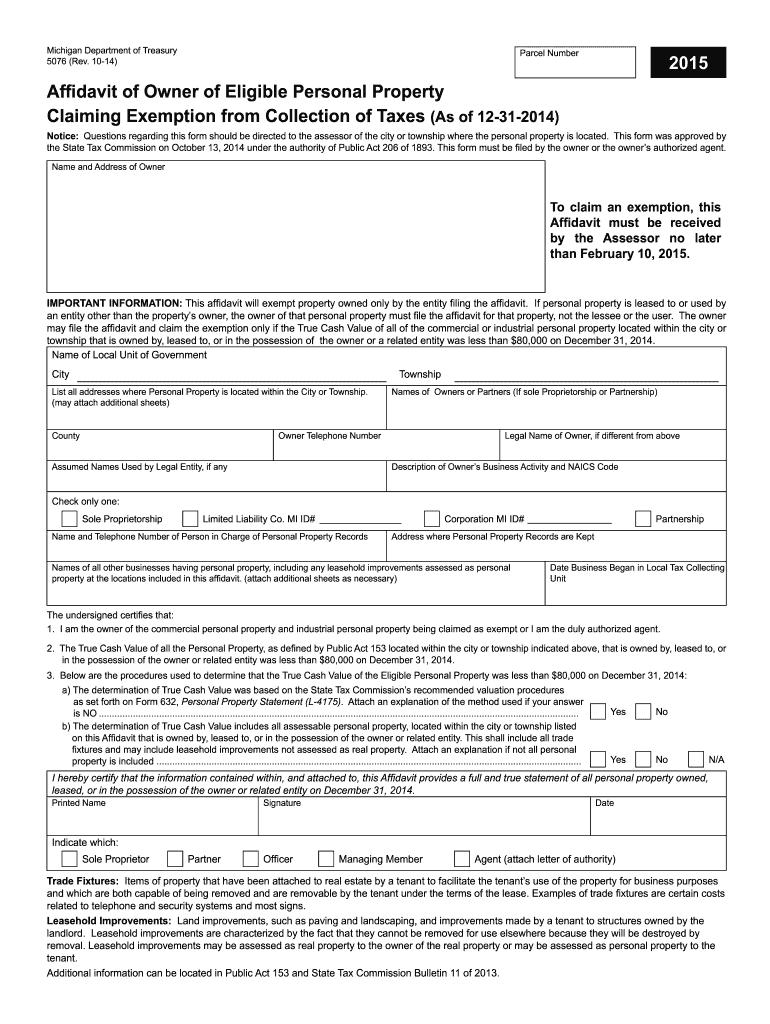  Form 5076, Affidavit of Owner of Eligible Personal Property Claiming Michigan 2023