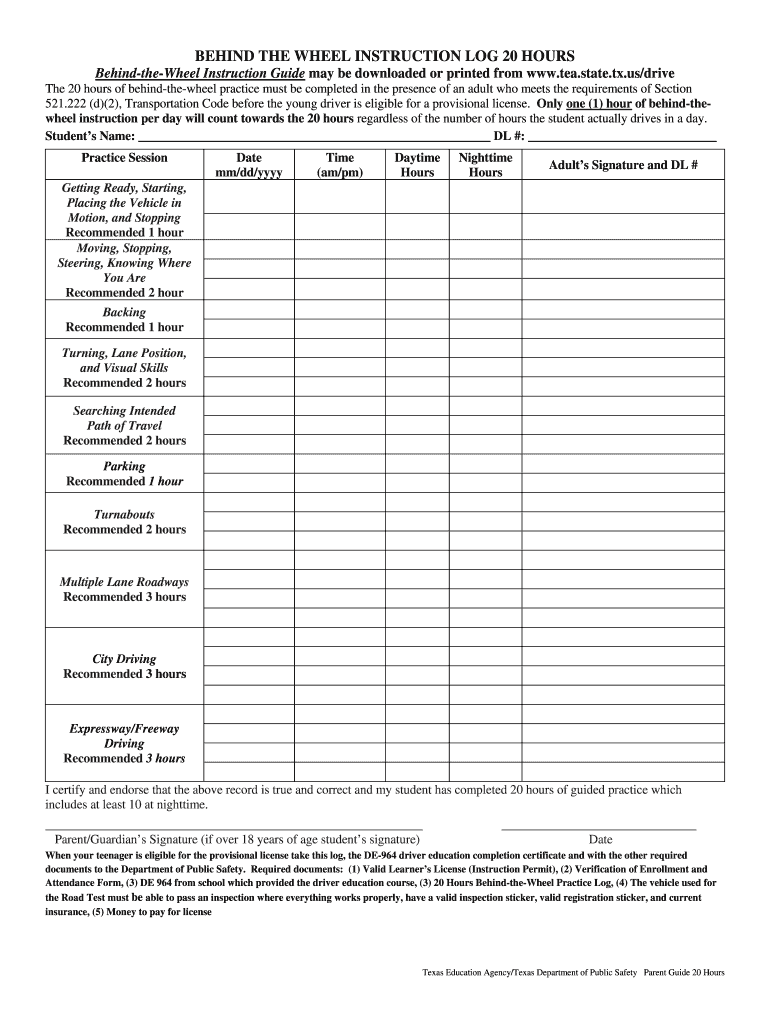 Driving Log Texas  Form