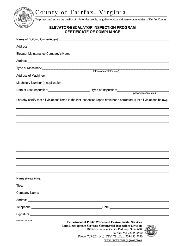 Get and Sign Fairfax County Elevator Inspections 2005-2022 Form