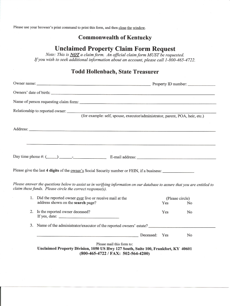 Applying for Unclaimed Property in Kentucky  Form