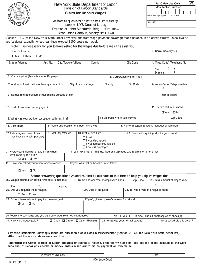  Ls 223 Unpaid Wages  Form 2013