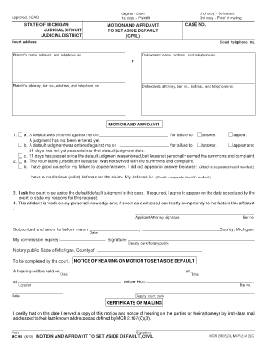 Motion and Affidavit to Set Aside Default Civil Michigan Courts Courts Mi  Form