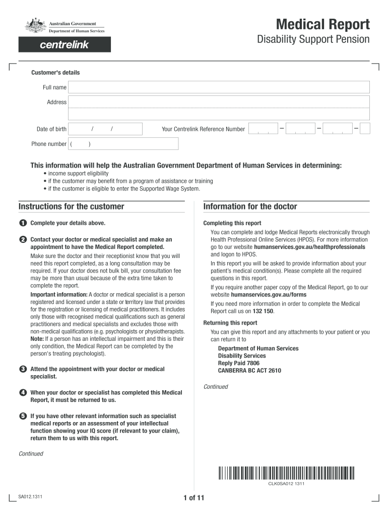 Medical Report Disability Support Pension Form Sa012