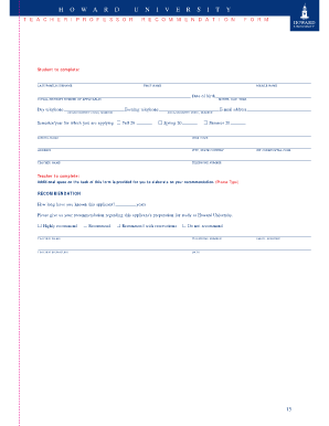 Teacher Recommendation Form Howard University Howard