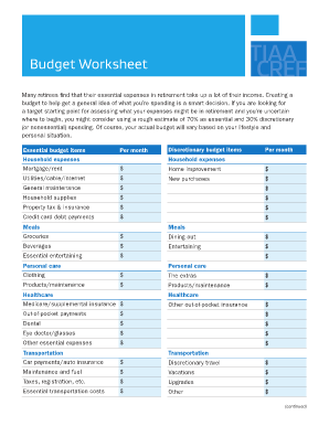 Retirement Budget Worksheet  Form