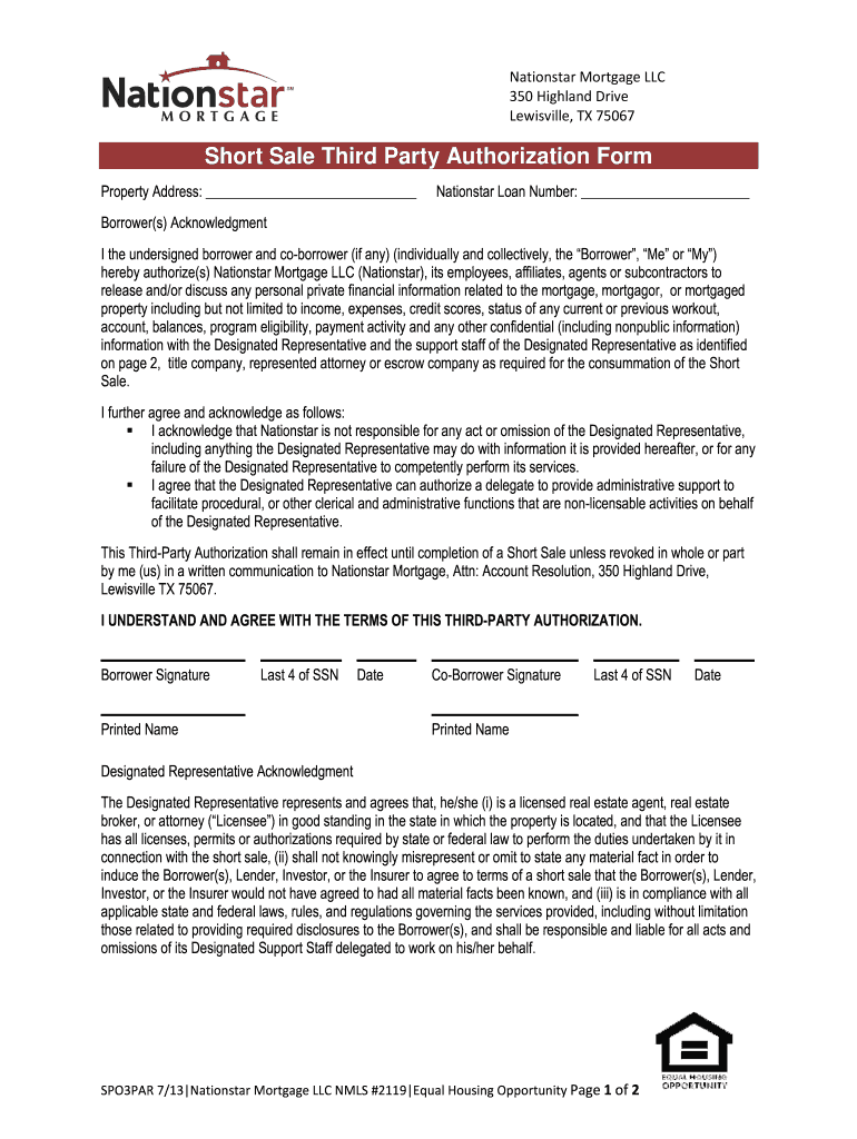  Third Party Authorization for Short Sale Loancare 2013-2024