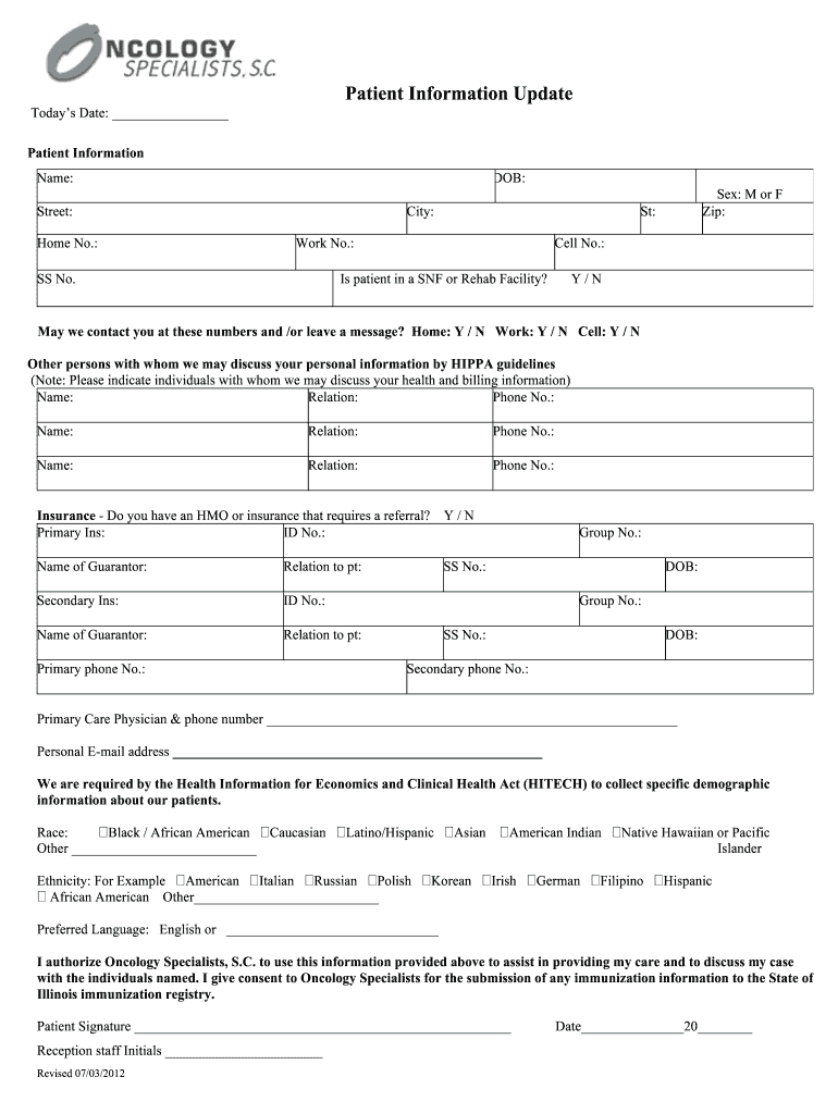  Patient Facesheet Update2012 2  Oncology Specialists 2012-2024