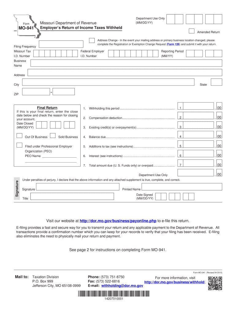 Missouri Revenue Form Mo 941 Fill Out and Sign Printable PDF Template