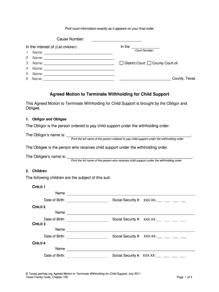 Get and Sign Agreed Motion to Terminate Withholding for Child Support Texaslawhelp 2011 Form