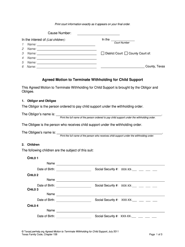  Agreed Motion to Terminate Withholding for Child Support Texaslawhelp 2011