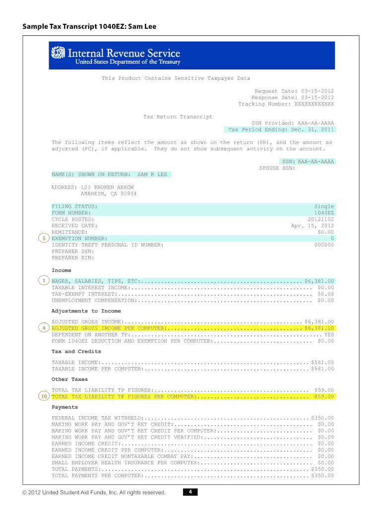 Sample Tax Transcript 1040EZ Sam Lee  Finaid Ucf  Form