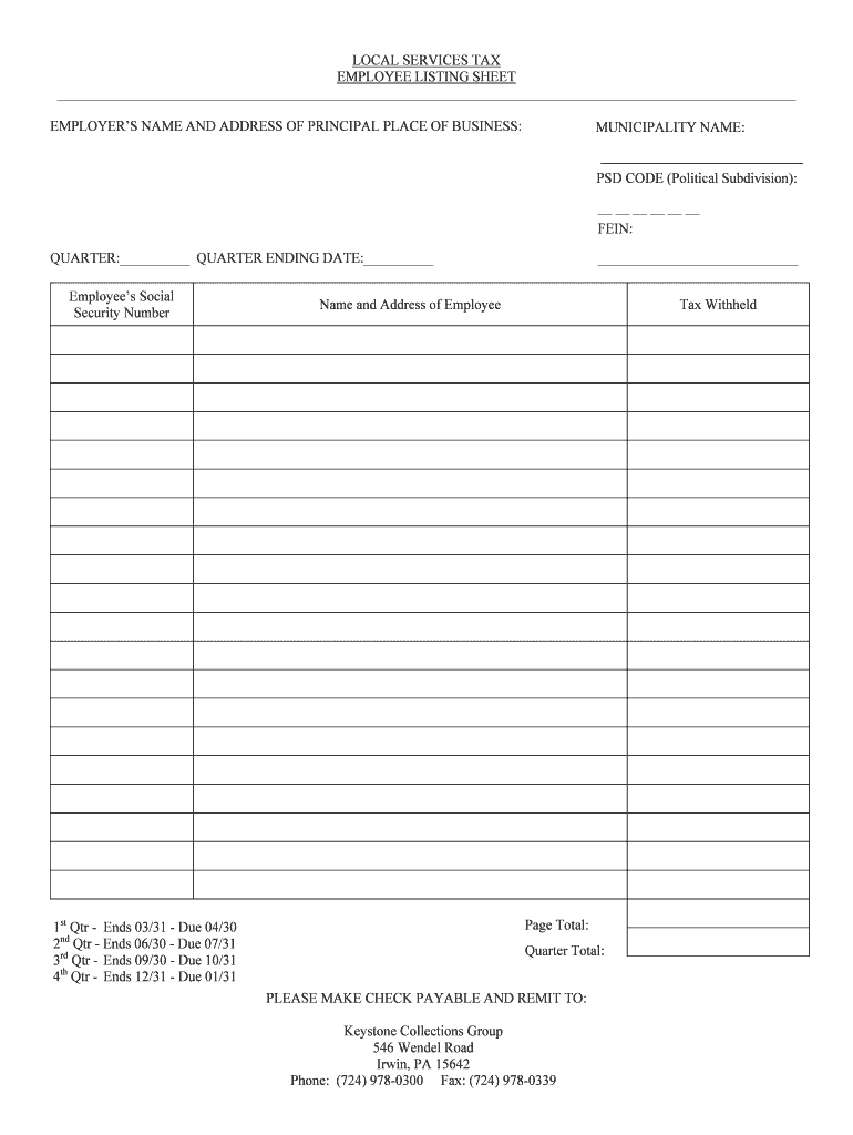Local Service Tax Employee Listing Sheet  Form