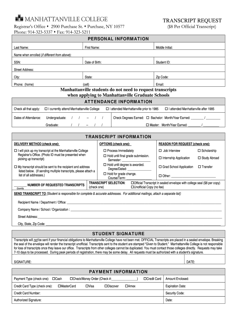 Manhattanville College Transcript Request  Form