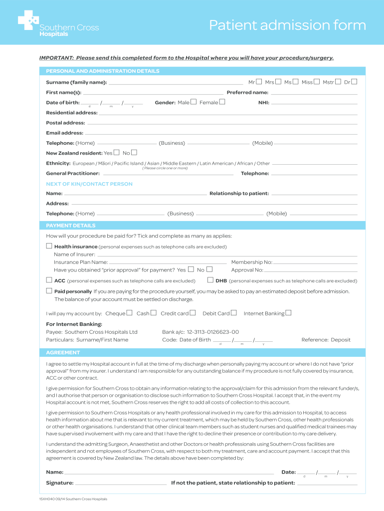  Hospital Admission Form 2014-2024