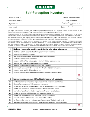 Self Perception Inventory Questions PDF Document  Form