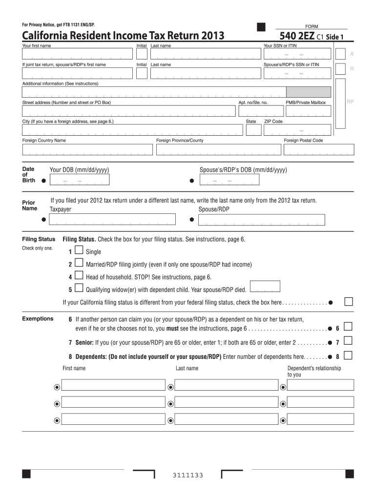 Get and Sign Form 540 2EZ California Resident Income Tax Return Ftb Ca 2020-2022