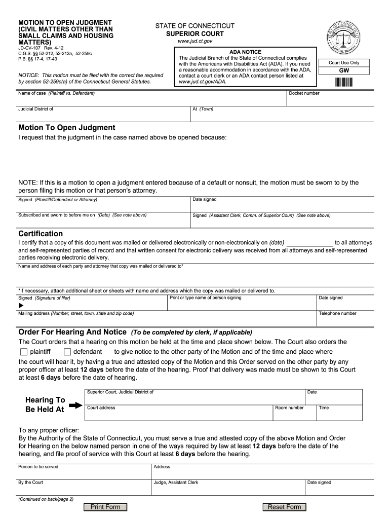 MOTION to OPEN JUDGMENT CIVIL MATTERS OTHER THAN SMALL CLAIMS and HOUSING MATTERS STATE of CONNECTICUT SUPERIOR COURT Www Jud Ct  Form