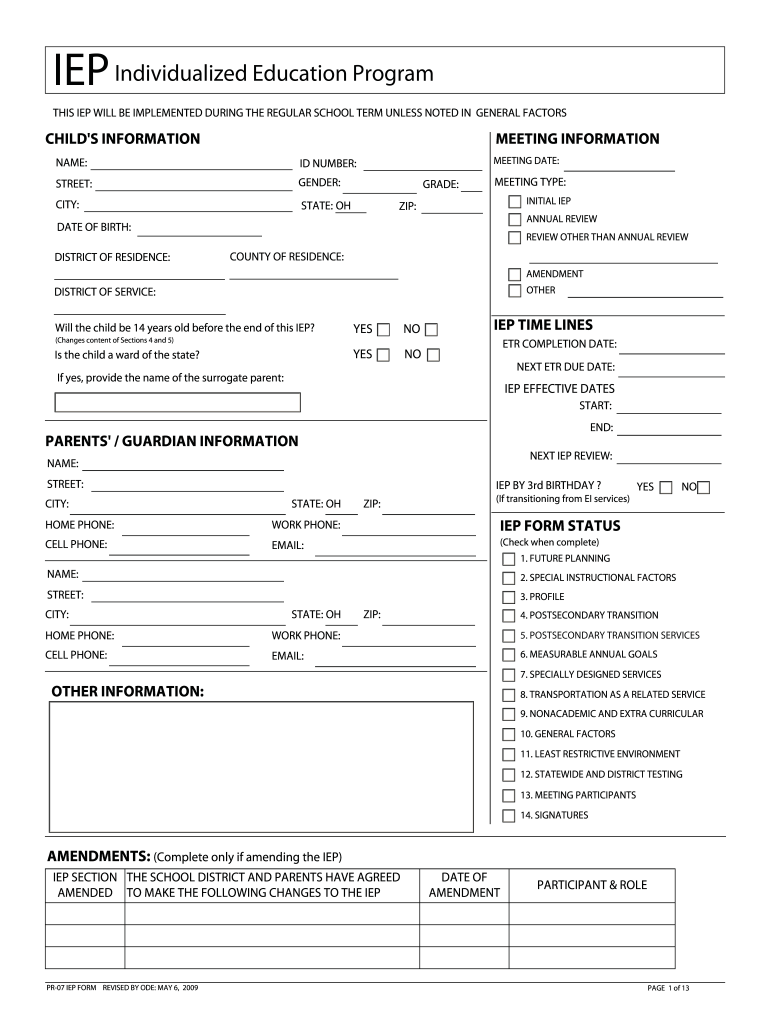  Individual Education Plans to Print Form 2009