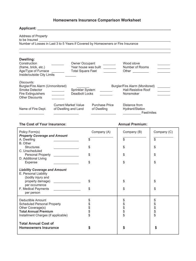 Auto Insurance Comparison Spreadsheet Template  Form