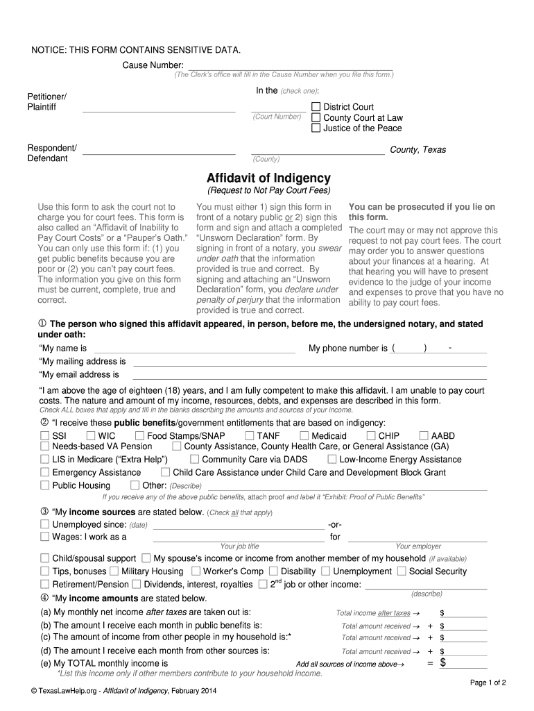  Indigent Application Form Texas 2014-2024