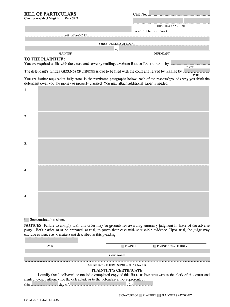  Virginia Court Bill of Particulars 2009-2024