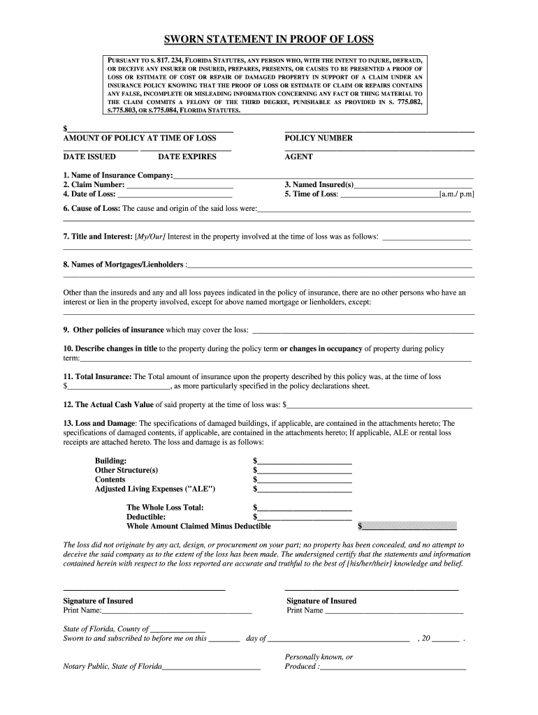 Proof Of Loss Fill Out and Sign Printable PDF Template signNow