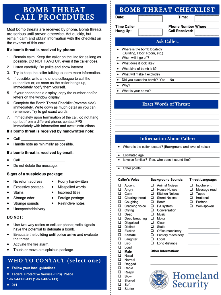 Bomb Threat Checklist  Form