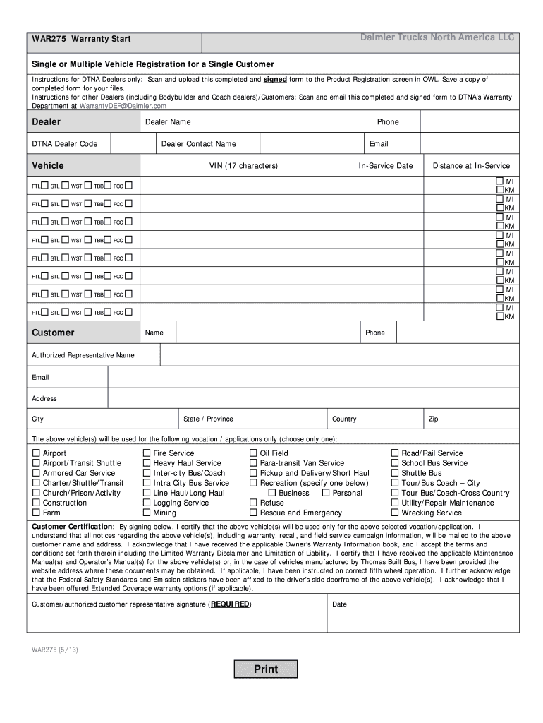  Freightliner Warranty Registration Form 2013